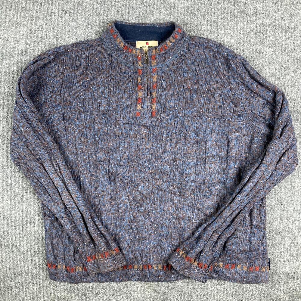 Woolrich Sweater‎ Womens L Blue Brown Zip Neck Knit Pullover Warm Winter Vintage